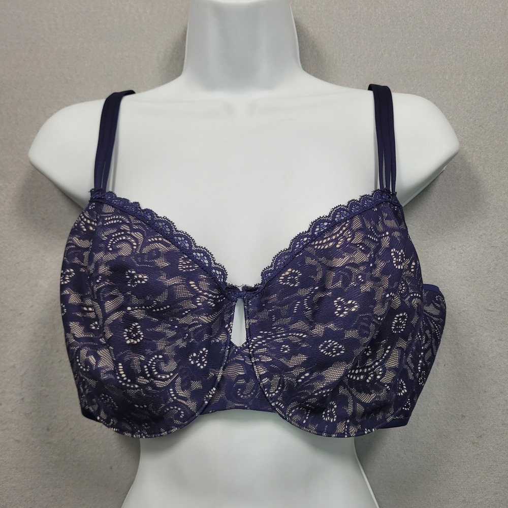 Soma Enticing Lift Balconet Bra 38DDD Navy Blue Lace Underwire 0918